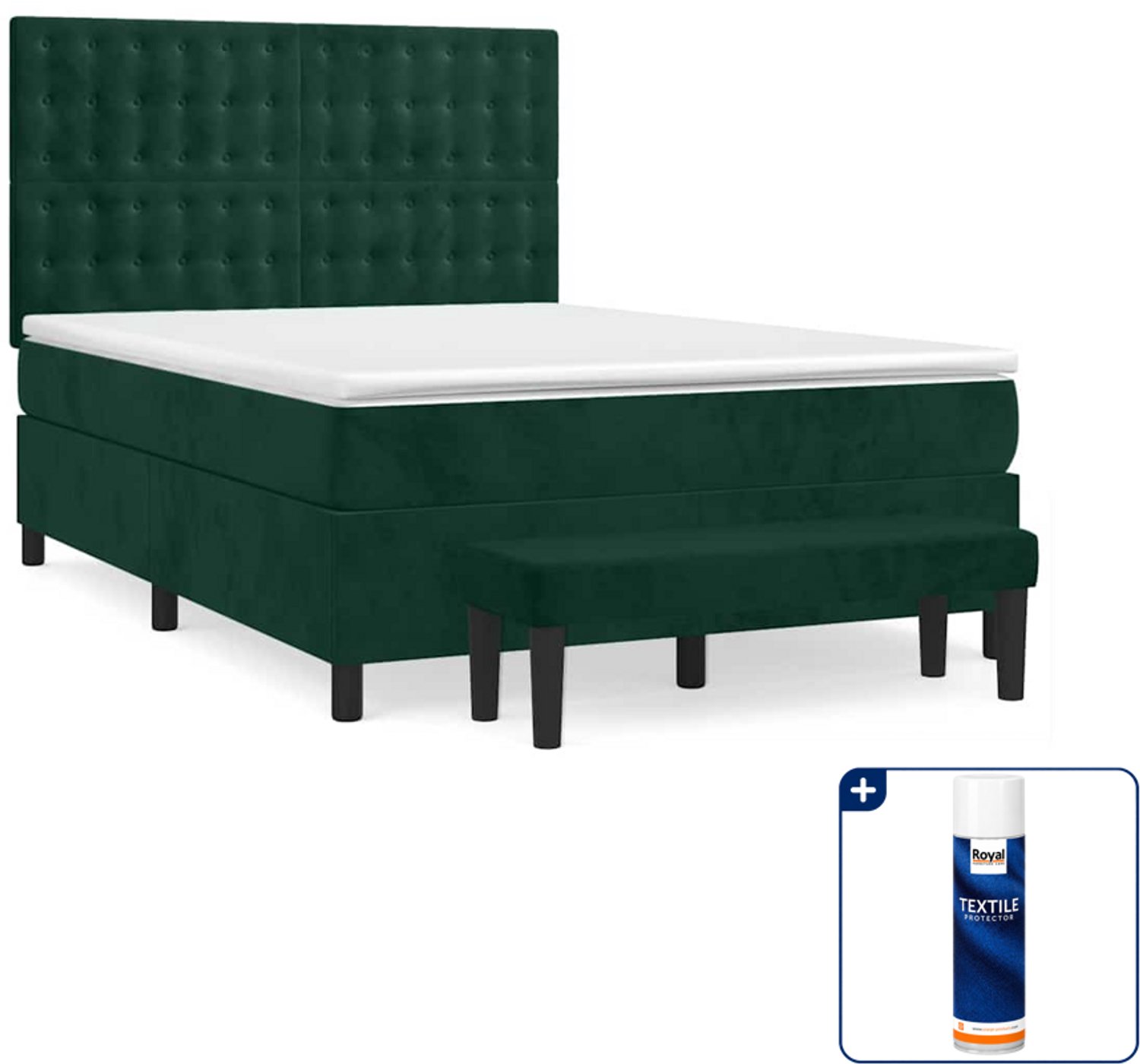 vidaXL boxspring met matras en bankje - 140 x 190 cm - donkergroen - Inclusief textielbeschermer 500 ml