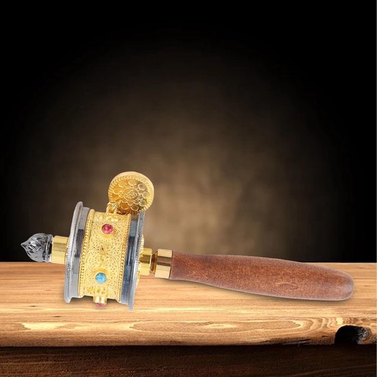 Zes Woorden Mantra Handcrank Boeddhistische Gebedsmolen van Hoogwaardige Messing, Goudkleurig, 26.3 x 20 x 9.5 cm — afbeelding 3