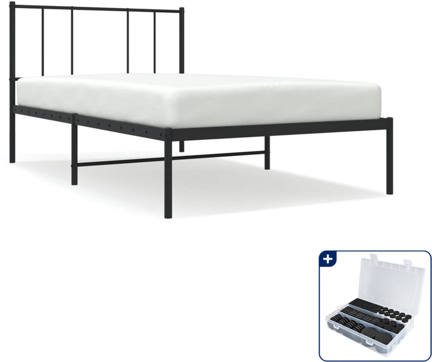 vidaXL bedframe met hoofdbord - 90 x 200 cm - staal - zwart - Inclusief antikrasvilt 177-delig