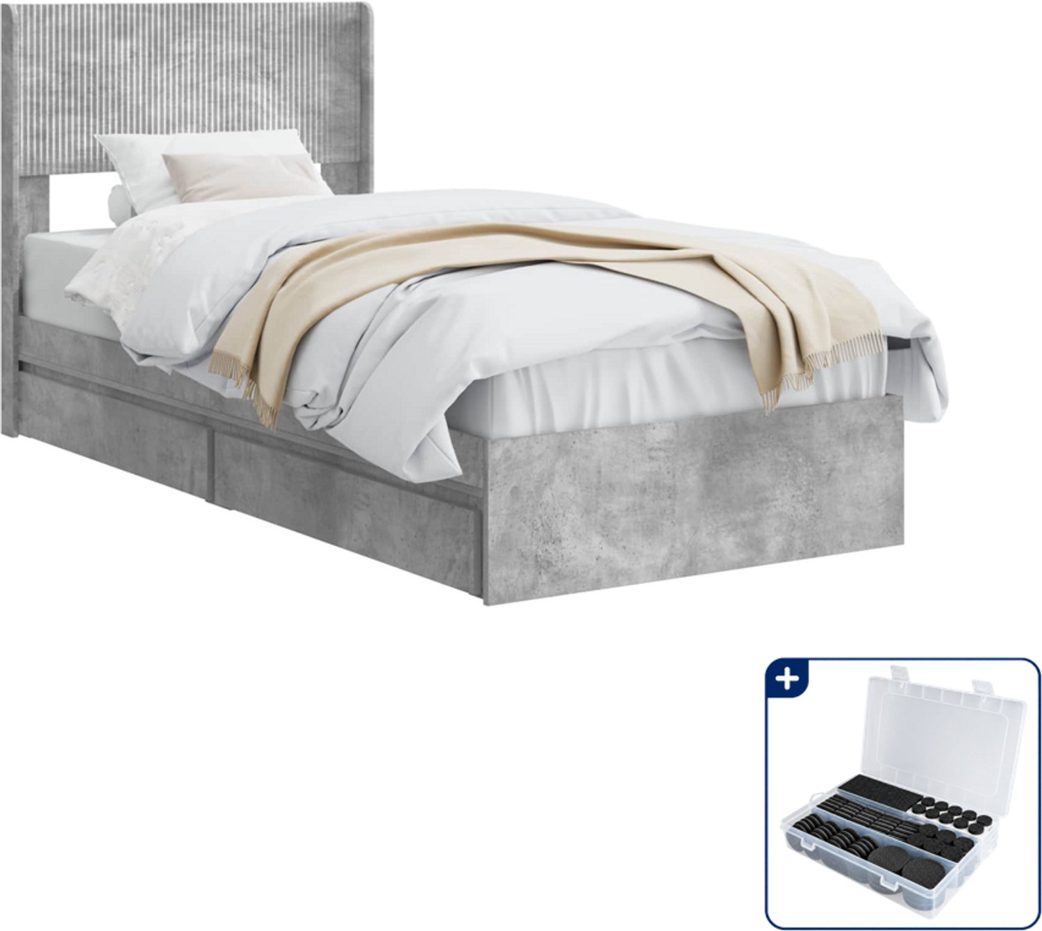 vidaXL Bedframe met opbergruimte - 90 x 190 cm - bewerkt hout - grijs - Inclusief antikrasvilt 177-delig