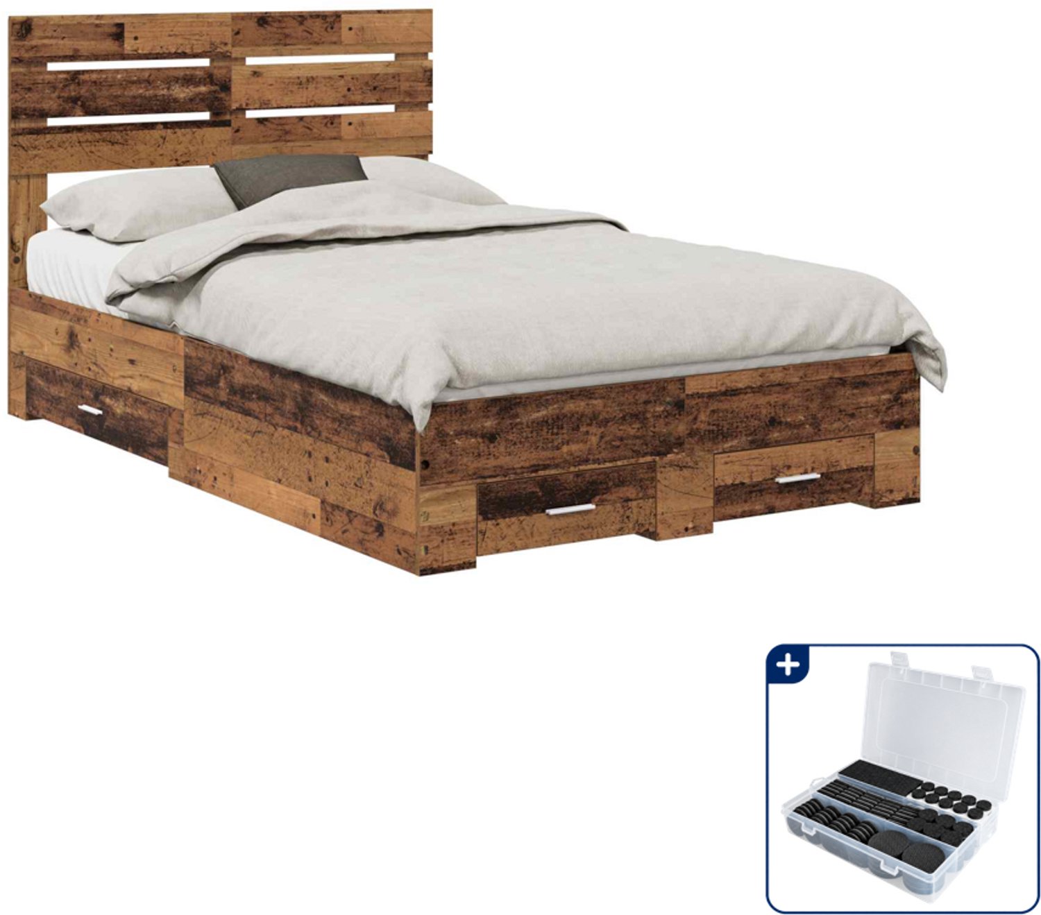 vidaXL bedframe - 120 x 190 cm - bewerkt hout - oudhout - Inclusief antikrasvilt 177-delig Bruin