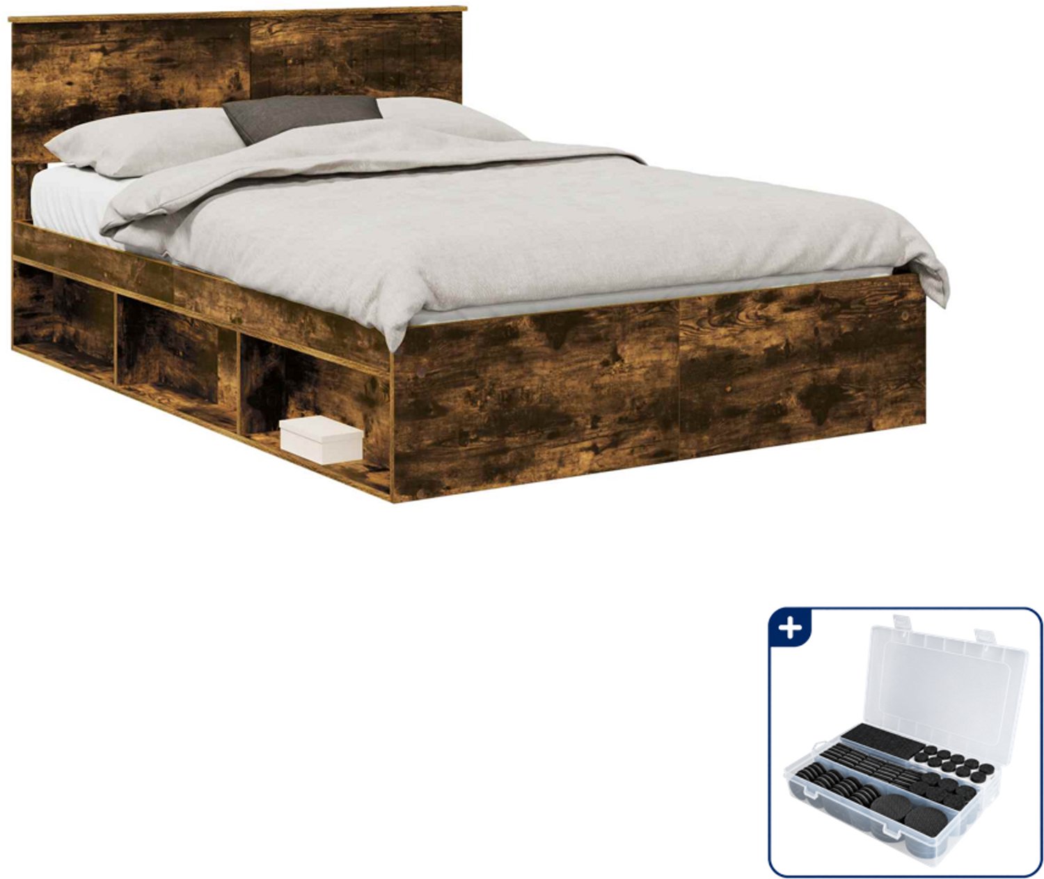 vidaXL Bedframe - 135 x 190 cm - massief grenenhout - gerookt eiken - Inclusief antikrasvilt 177-delig Bruin