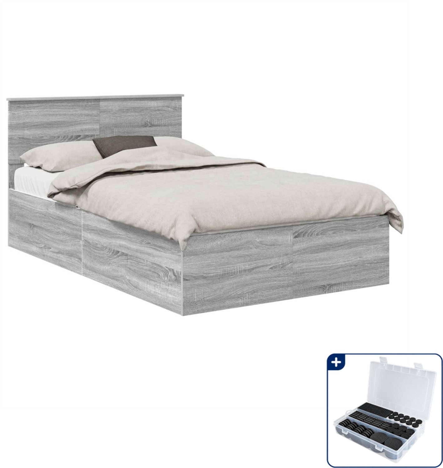 vidaXL bedframe - 135 x 190 cm - bewerkt hout - grijs sonoma - Inclusief antikrasvilt 177-delig