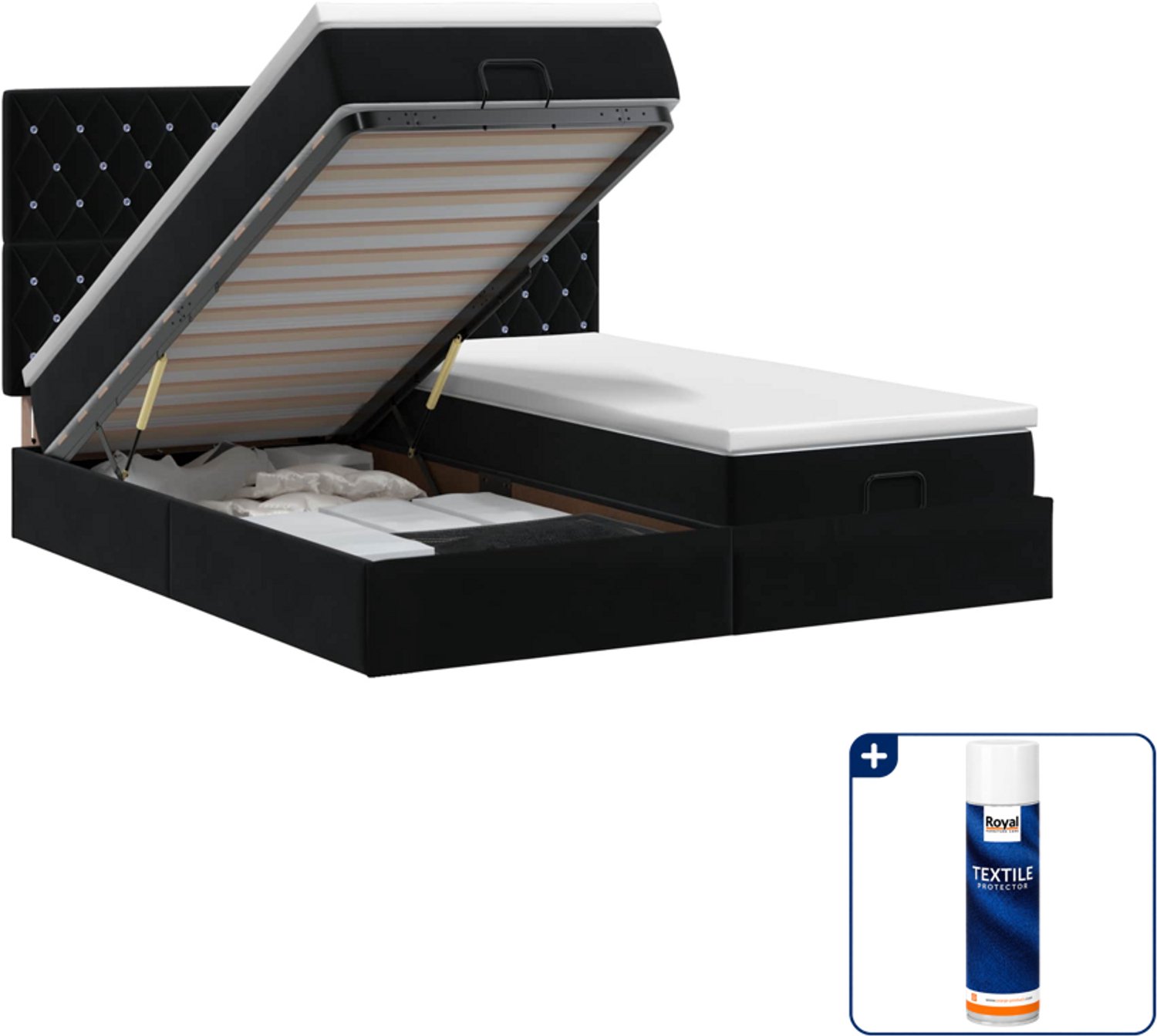 vidaXL queensize ottoman bed met matras 2 st - 160 x 200 cm - zwart - Inclusief textielbeschermer 500 ml