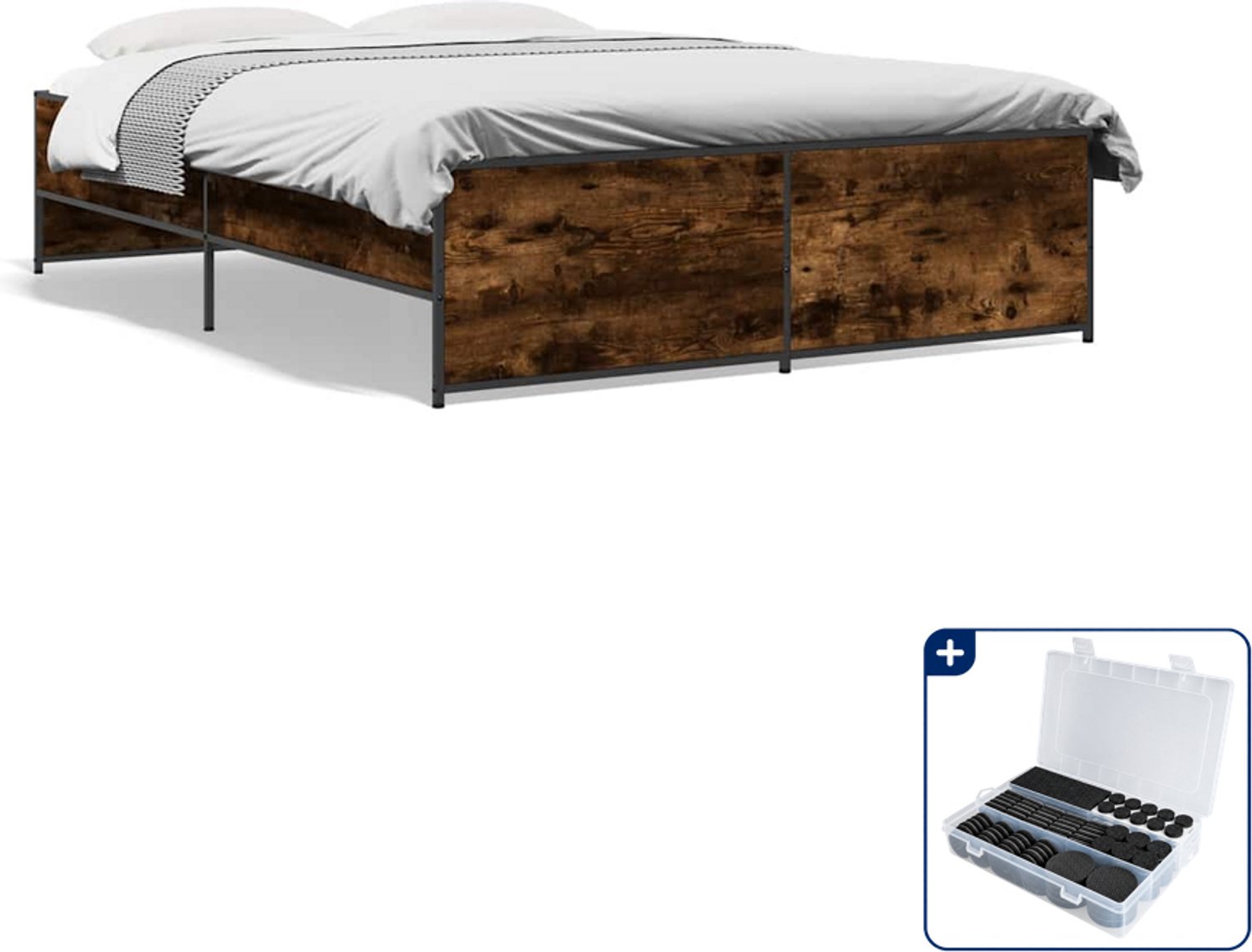 vidaXL bedframe - 120 x 200 cm - bewerkt hout en staal - gerookt eiken - Inclusief antikrasvilt 177-delig Zwart