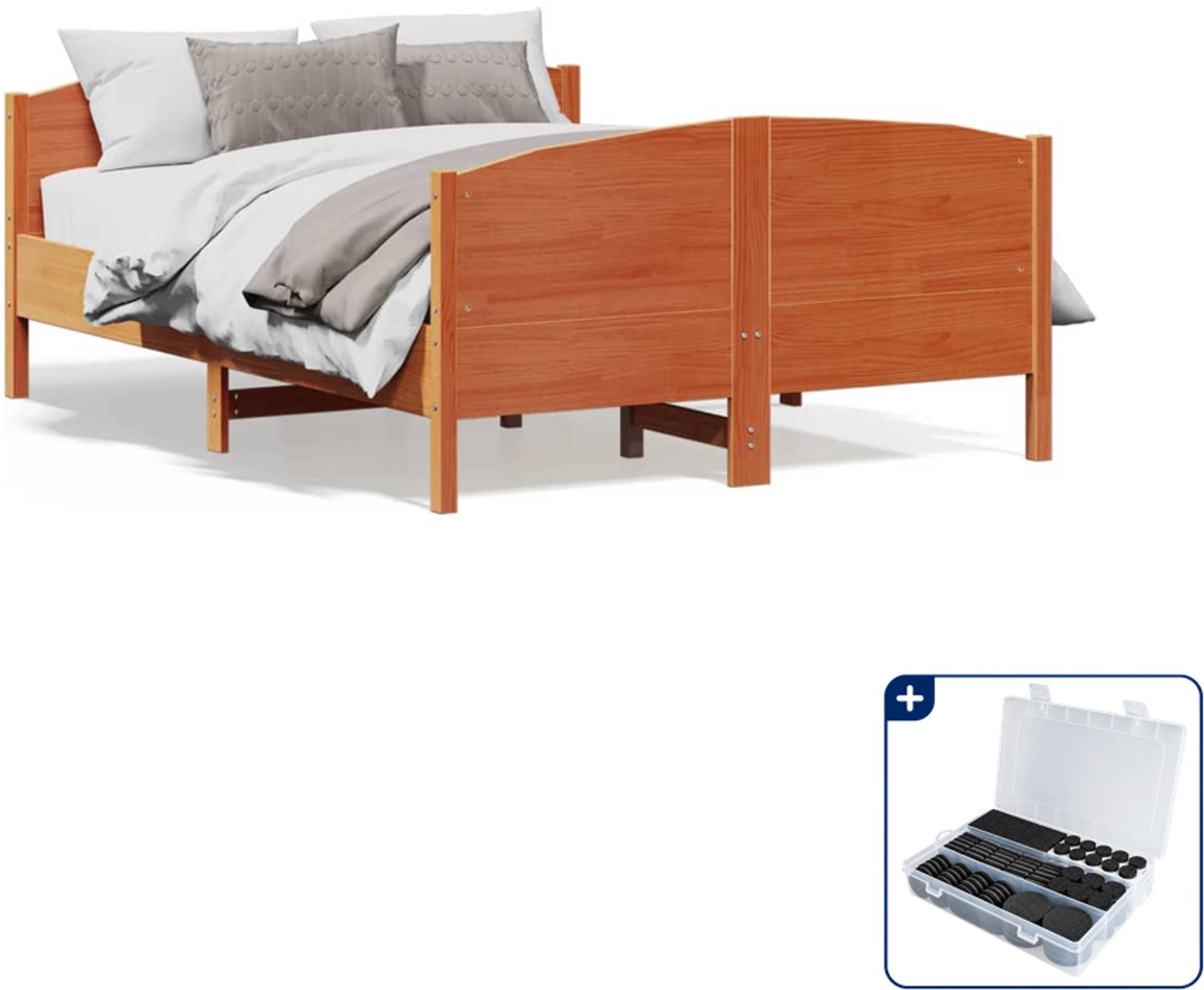 vidaXL bedframe - 135 x 190 cm - massief grenenhout - wasbruin - Inclusief antikrasvilt 177-delig