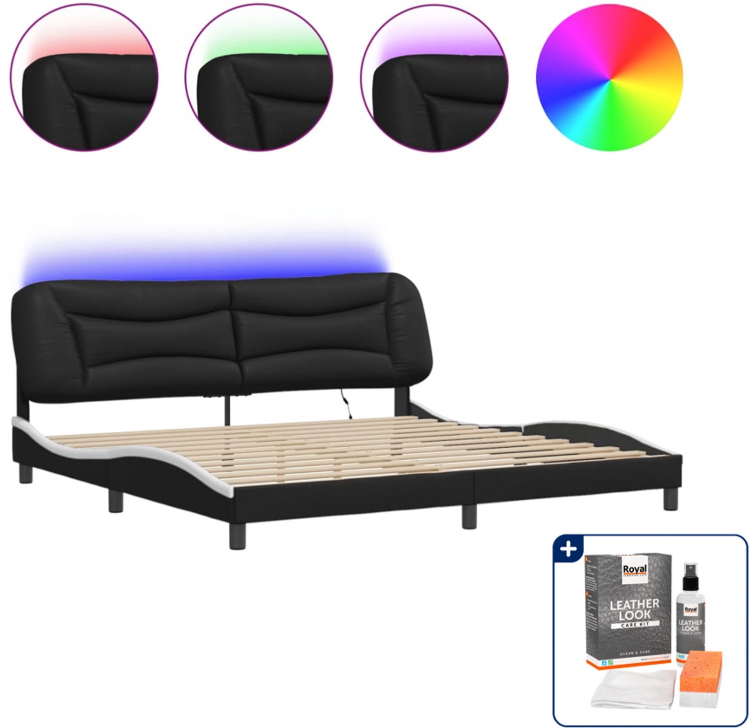 vidaXL Hvar bedframe met LED - 200 x 200 cm - zwart en wit - Inclusief onderhoudsset voor kunstleer 150 ml