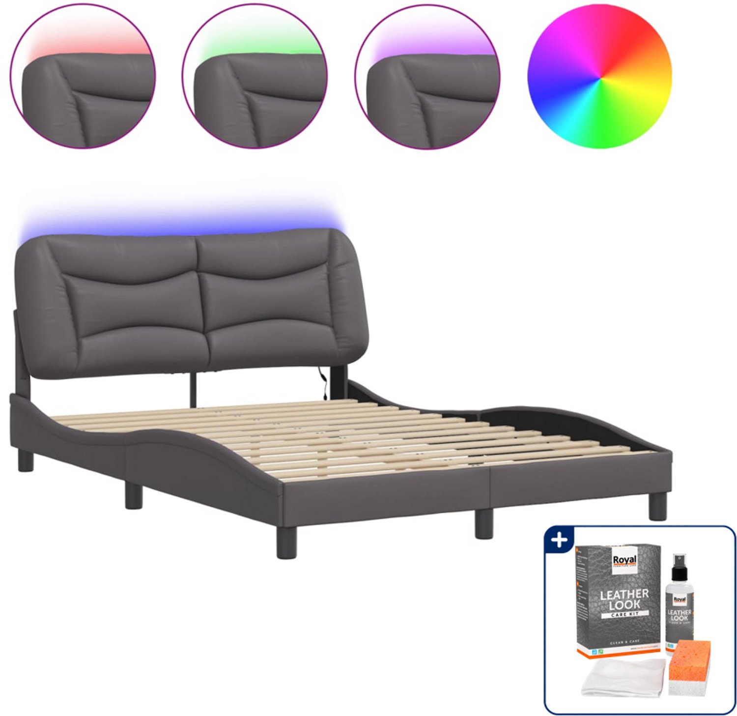 vidaXL Hvar bedframe met LED - 140 x 190 cm - kunstleer - grijs - Inclusief onderhoudsset voor kunstleer 150 ml Bruin