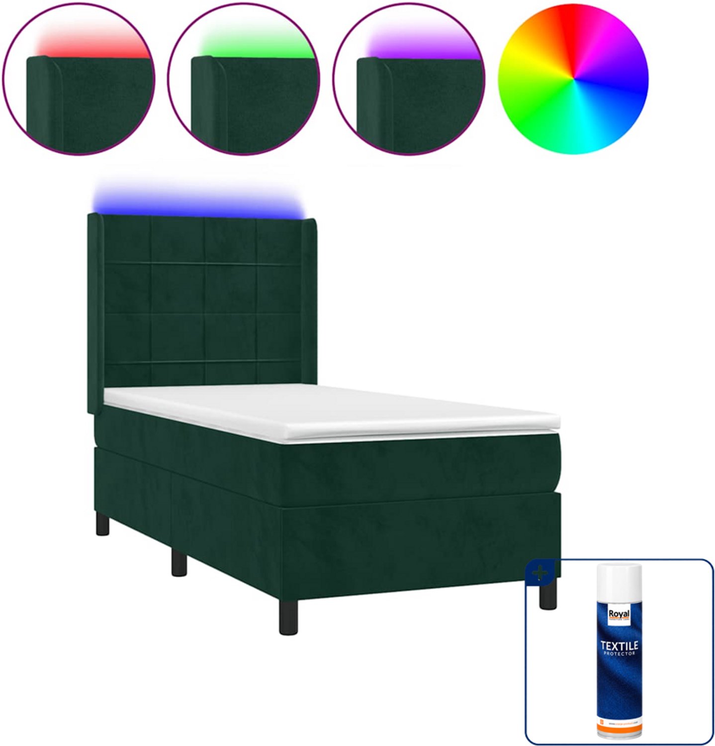 vidaXL boxspring met matras en LED - 90 x 200 cm - fluweel - donkergroen - Inclusief textielbeschermer 500 ml