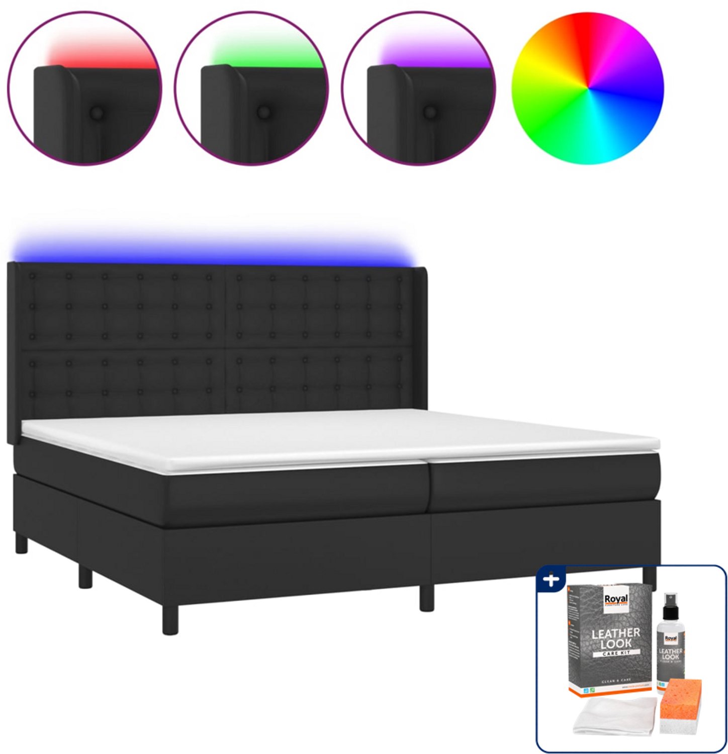 vidaXL Boxspring met matras en LED - Super kingsize - zwart - Inclusief onderhoudsset voor kunstleer 150 ml