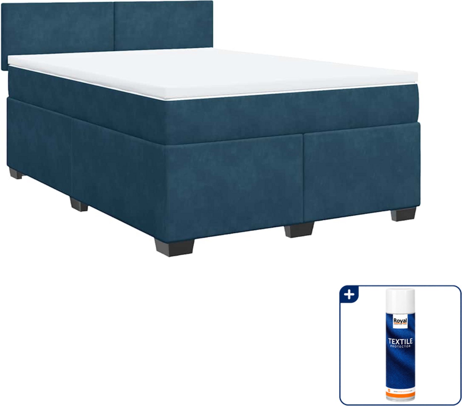 vidaXL boxspring met matras - 140 x 190 cm - fluweel - donkerblauw - Inclusief textielbeschermer 500 ml