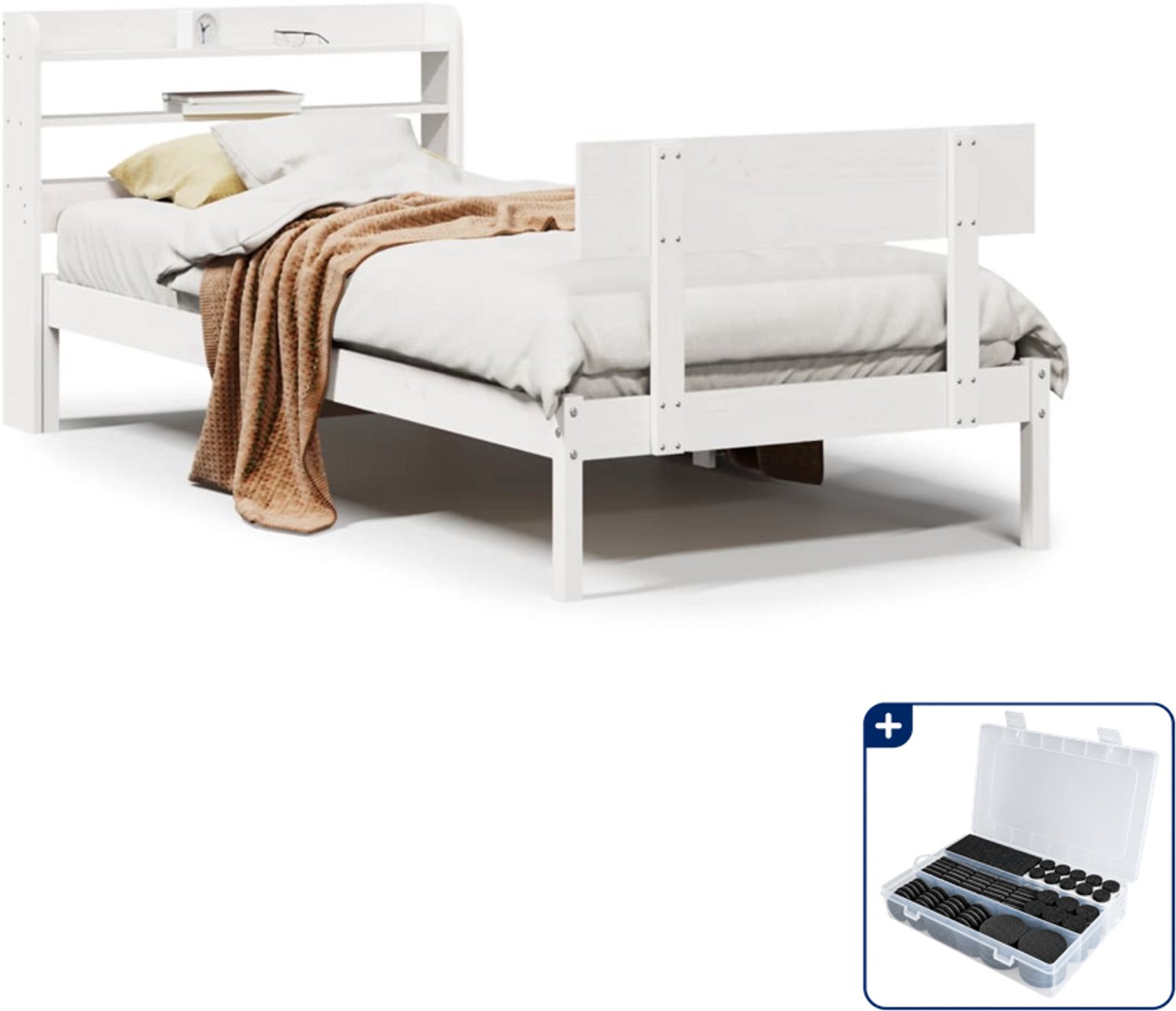 vidaXL Bedframe - 90 x 200 cm - massief grenenhout - wit - Inclusief antikrasvilt 177-delig Bruin