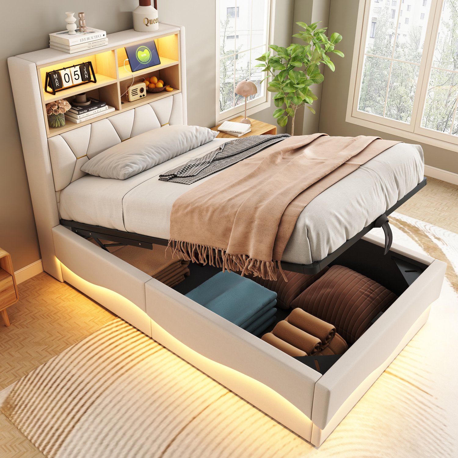 Maisentiel Kinderbed 90 x 200 cm met hydraulische opbergruimte, ledverlichting en USB - beige