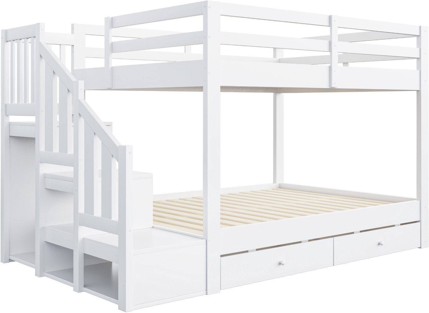 MUVANO Wit houten stapelbed 140x200 cm - Met opbergtrap en twee lades - Lattenbodems en uitvalbeveiliging - Kledinghaak - Voor gedeelde slaapkamer
