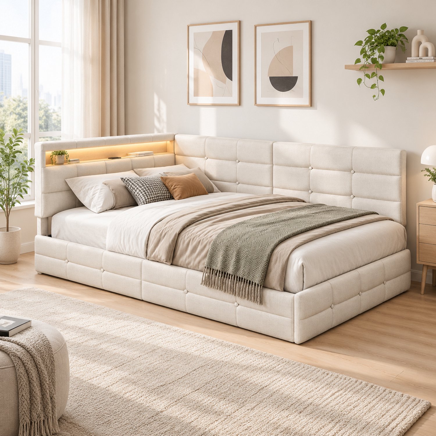 Yelenaro Gestoffeerd Slaapbank 140x190 cm avec 2 laden, Tweepersoonsbed met opbergruimte en lattenbodem, L-Vormig bedframe met LED en USB, Linnen Beige