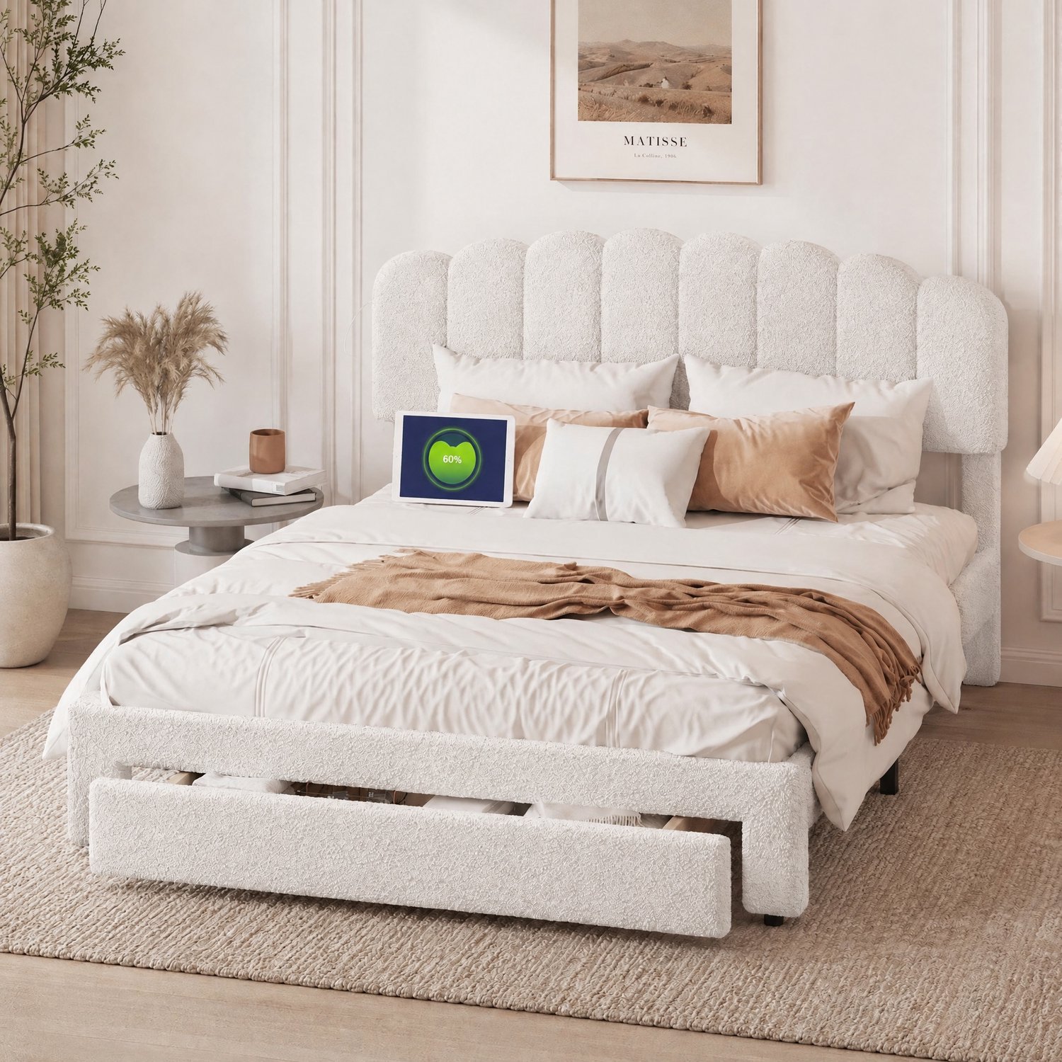 Yelenaro Bed 160x200 cm met verstelbaar hoofdeinde, Gestoffeerd tweepersoonsbed met opberg lade, 2 USB en 1 Type-C oplaadpoorten, Stabiel hout metaal bedframe voor slaapkamer, Teddy fleece Beige