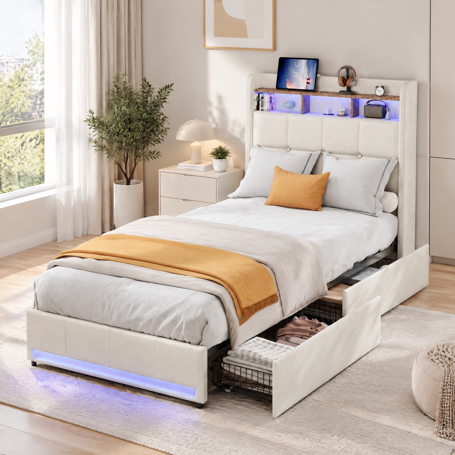 Yelenaro Gestoffeerd bed 90x200 cm met 2 Lades, 1 Persoons Bed met LED-verlichting en 2 USB 1 TypeC, Hoofdeinde met opbergruimte en lattenbodem, Geschikt voor kinderen en volwassenen, Linnen, Beige