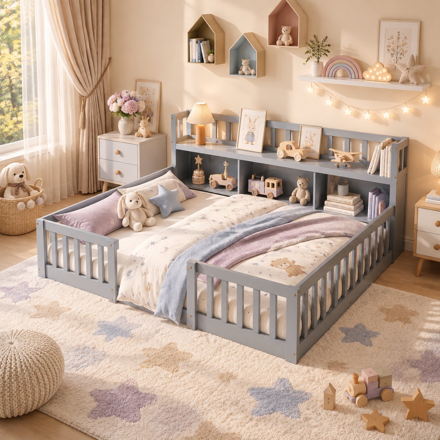 MEXUS Vloerbed 140x200 met uitvalbeveiliging en lattenbodem, tweepersoonsbed 140x200 cm met boekenplank, kinderbed, Montessori-vloerbedframe van massief grenenhout, grijs