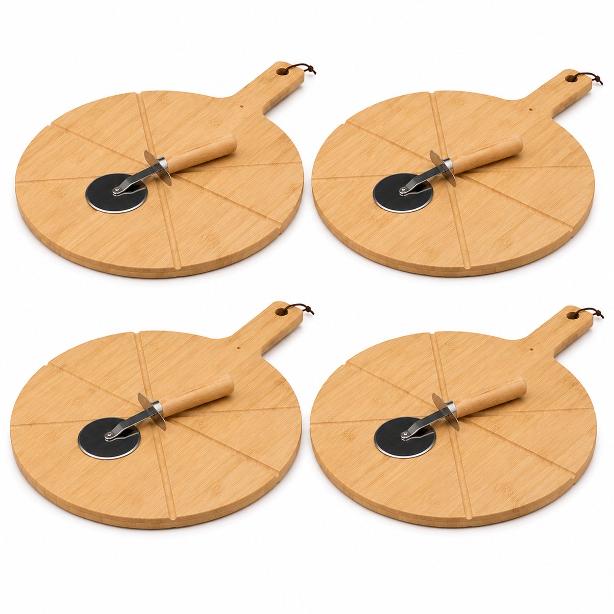 Set van 4 pizzaplanken - Bamboe - Pizzasnijder inbegrepen