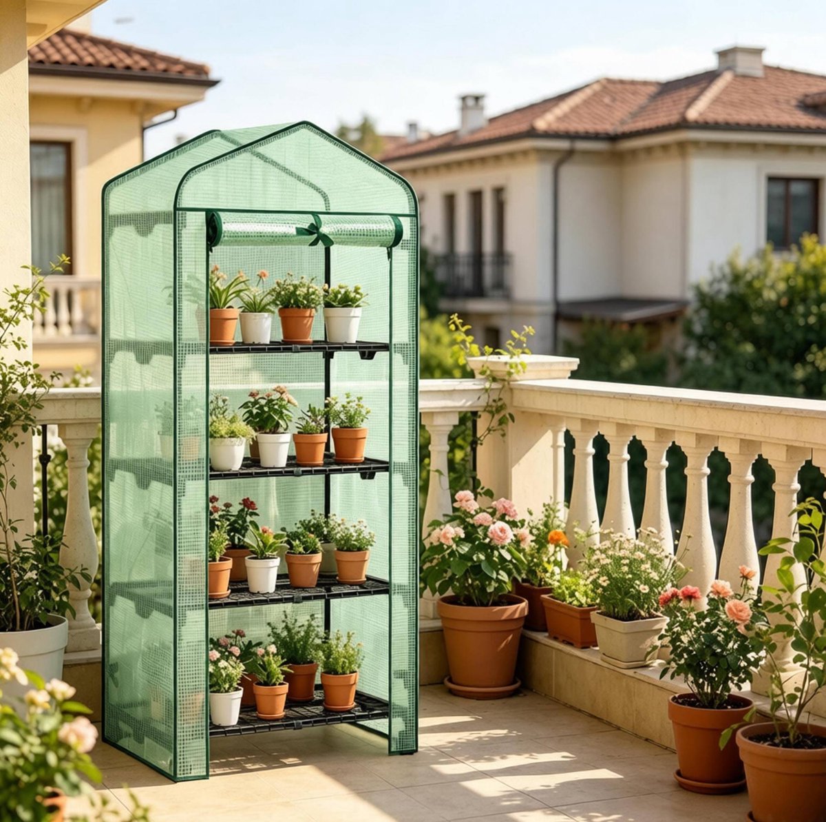 Tomatenkas – Met Wielen En 4 Roosterplanken – 70 x 50 x 163 cm – Polyetheen En Staal – Groen – Roldeur