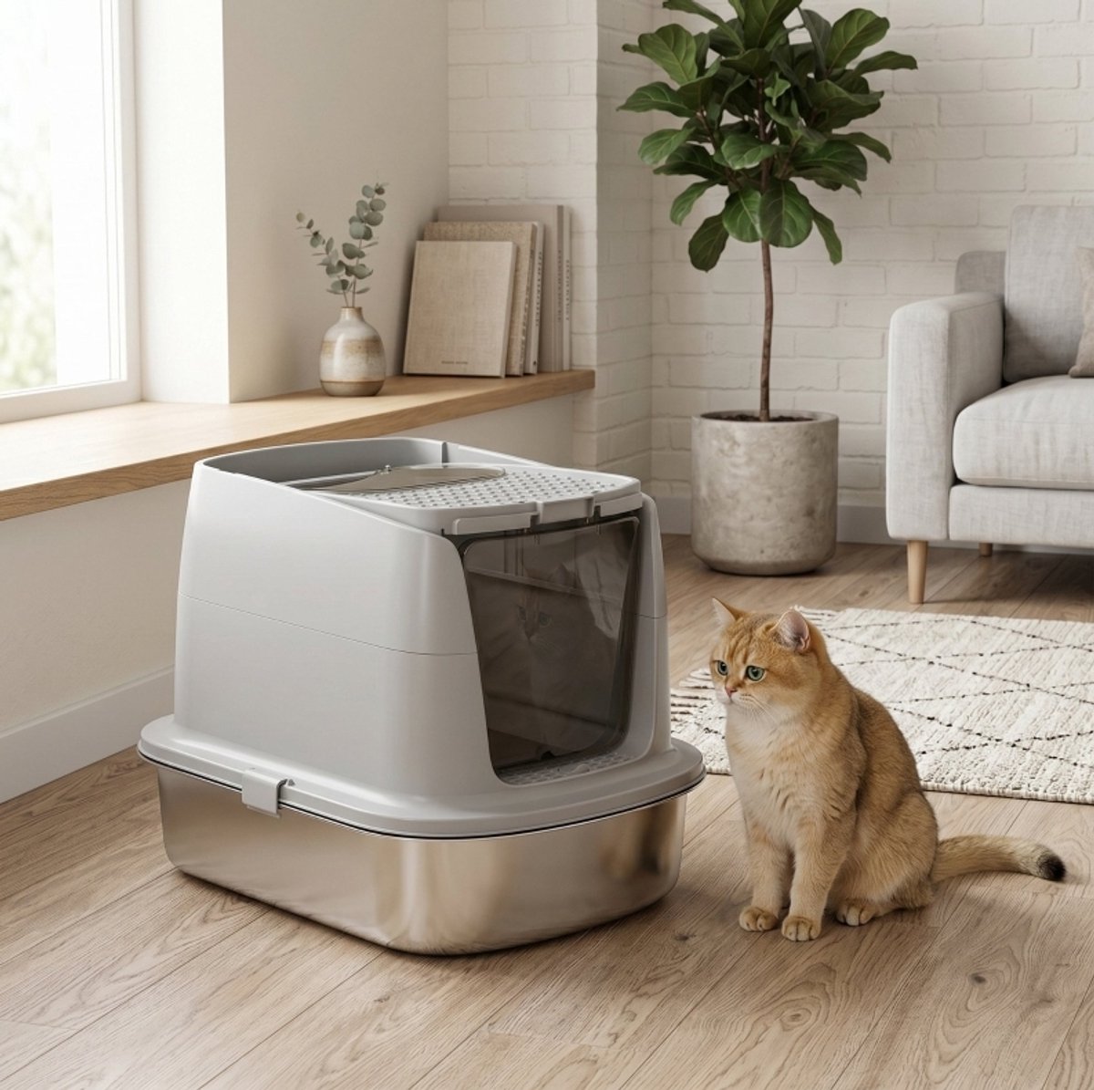Kattenbak – Gesloten Met Afneembare Kap – 52,4 x 41,3 x 39,8 cm – Rvs – Lichtgrijs – Met Schep En Geurzak
