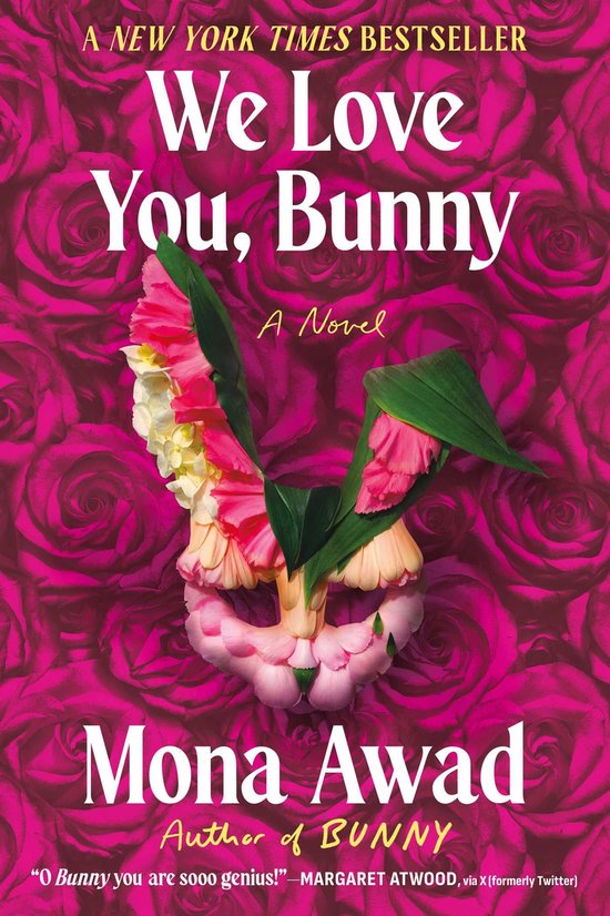 Boekomslag van 'We Love You, Bunny' met bloemenkunstwerk in konijnenvorm op roze rozenachtergrond.
