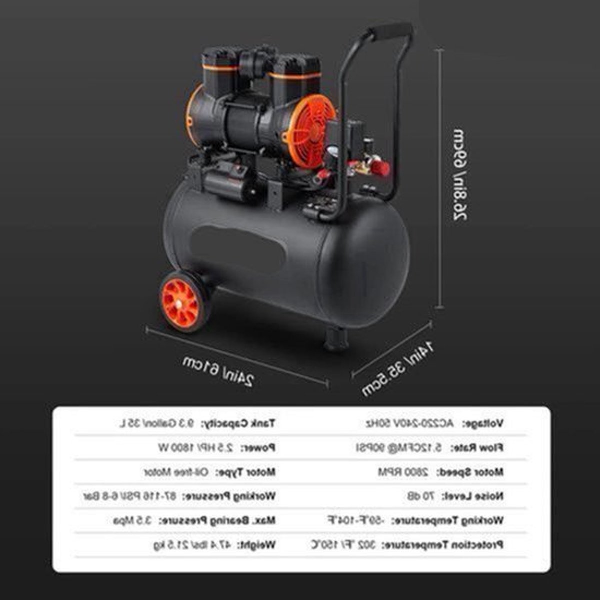 Stille Olievrije Luchtcompressor - Luchtcompressor - Luchtcompressor Bandenpomp - 70dB Geluidsarm - 9,3 Gallon - Draagbare - voor Banden - Spuitwerk - Gereedschap