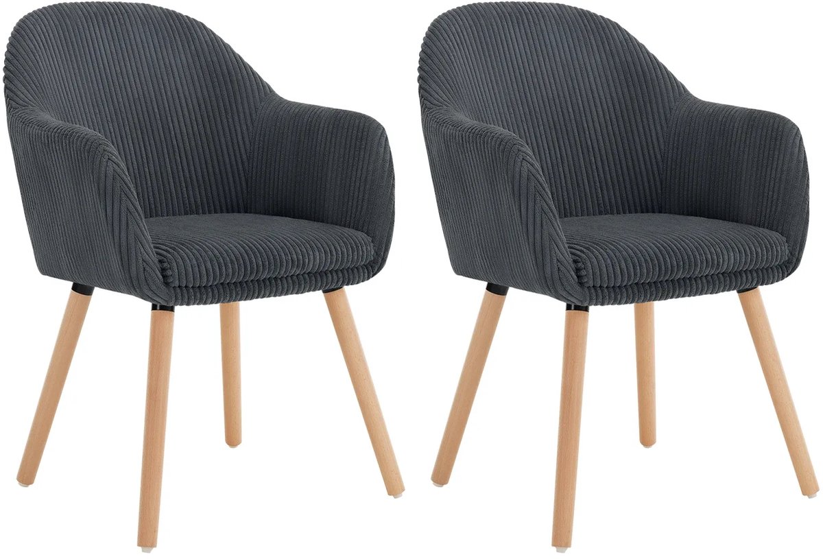 Klarven Eetkamerstoel armleuningen Corduroy Donkergrijs - Eetkamerstoelen - Eetkamerstoelen Set Van 2 - Eetkamerstoel Met Armleuning - Dining Chair - Stabiel Frame, Comfortabele Zit, Ergonomische Rugleuning - B55,5xh83,5xd56,5cm