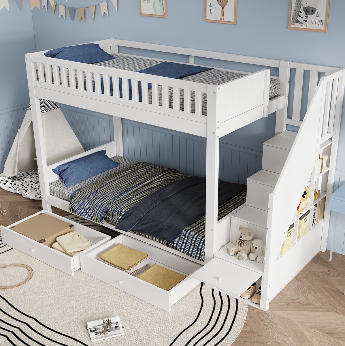 REDOM - Stapelbed - 2 slaapplaatsen - Trap met opbergruimte - 2 bedladen - Uitvalbeveiliging - Hout en MDF - Wit - 90 x 200 cm - 254 x 95 x 165 cm