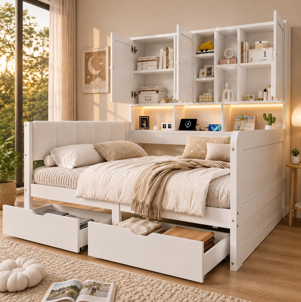 REDOM - Kinderbed - Opbergruimte - LED-verlichting - USB-aansluitingen - PU-hoofdbord - Lattenbodem - MDF - Wit - 205 x 114,5 x 153,5 cm