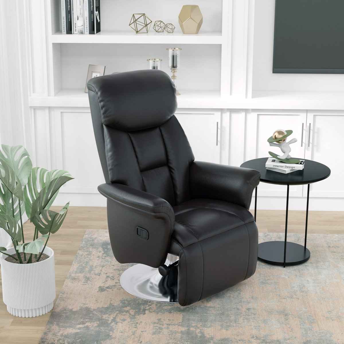 MODFU Relaxfauteuil - Handmatig Verstelbaar - 360° Draaibaar - Voetsteun - Kunstleer - Zwart