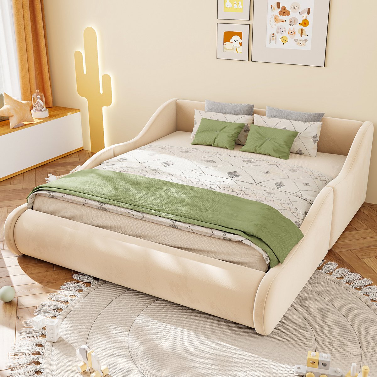 STILVORA Kinderbed 140x200 cm – Zacht Fluwelen Bed Met Hoge Hoofdsteun – Uitvalbeveiliging & Lattenbodem – Beige – Zonder Matras