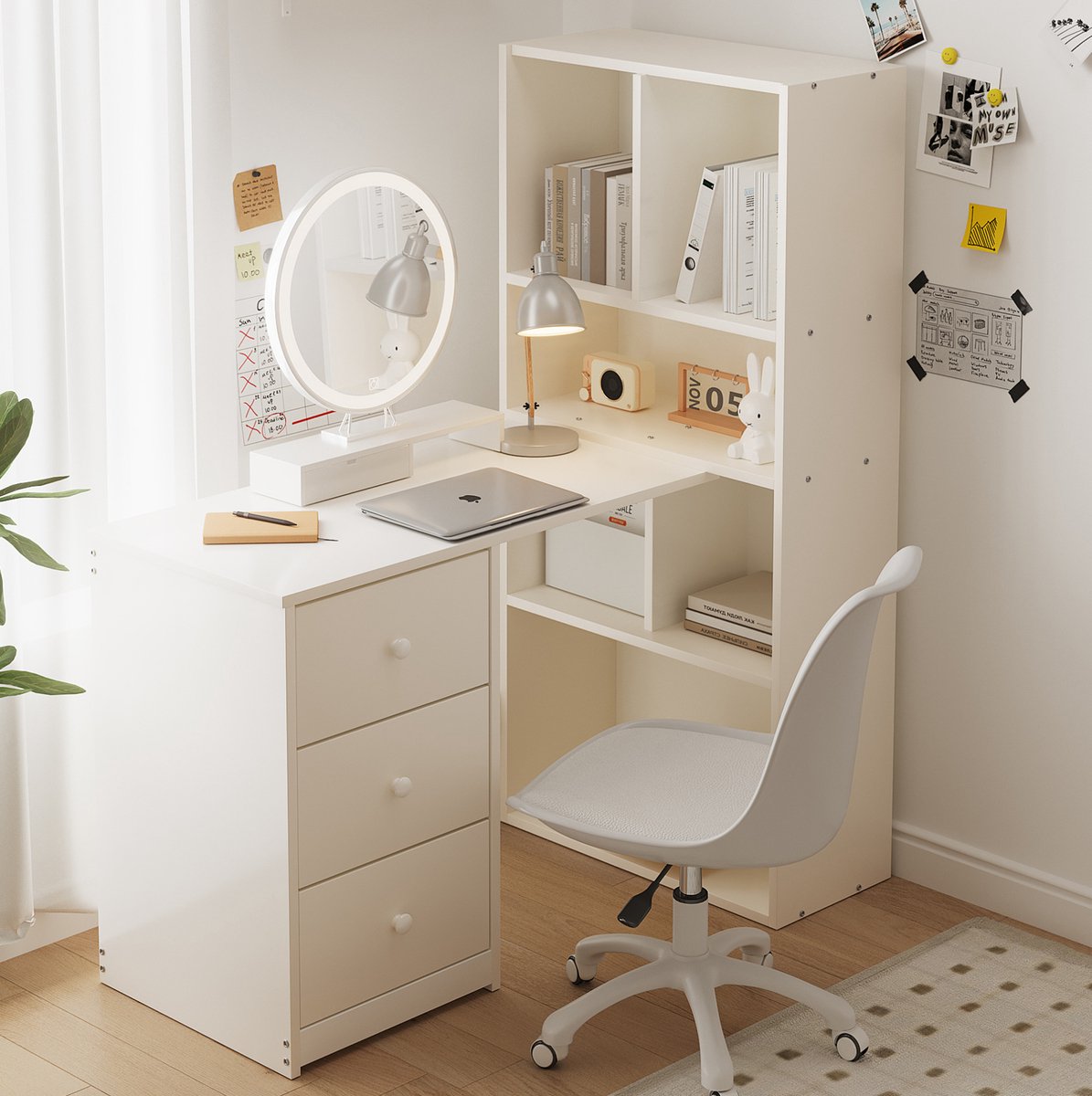 DESMIU Hoekbureau - Met Boekenkast, Vier Open Vakken En Drie Laden - Voor Thuiskantoor En Studeerkamer - Hout - 117x63x135 Cm - Wit