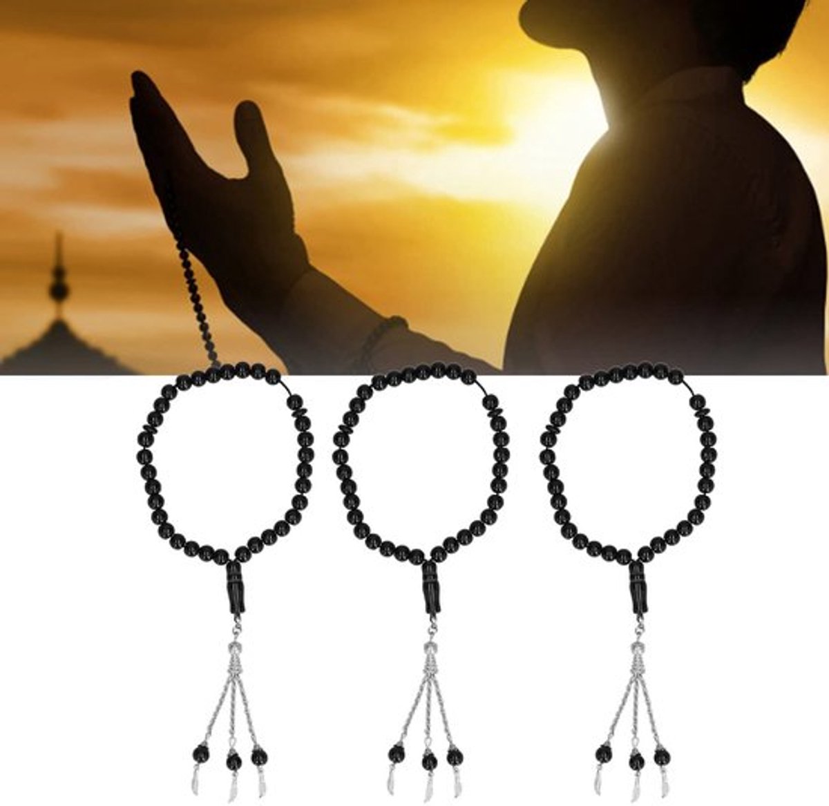 Golden crown - Gebedsketting - Tasbih - 3 stuks - Zwart - Gebedskralen - Geschikt