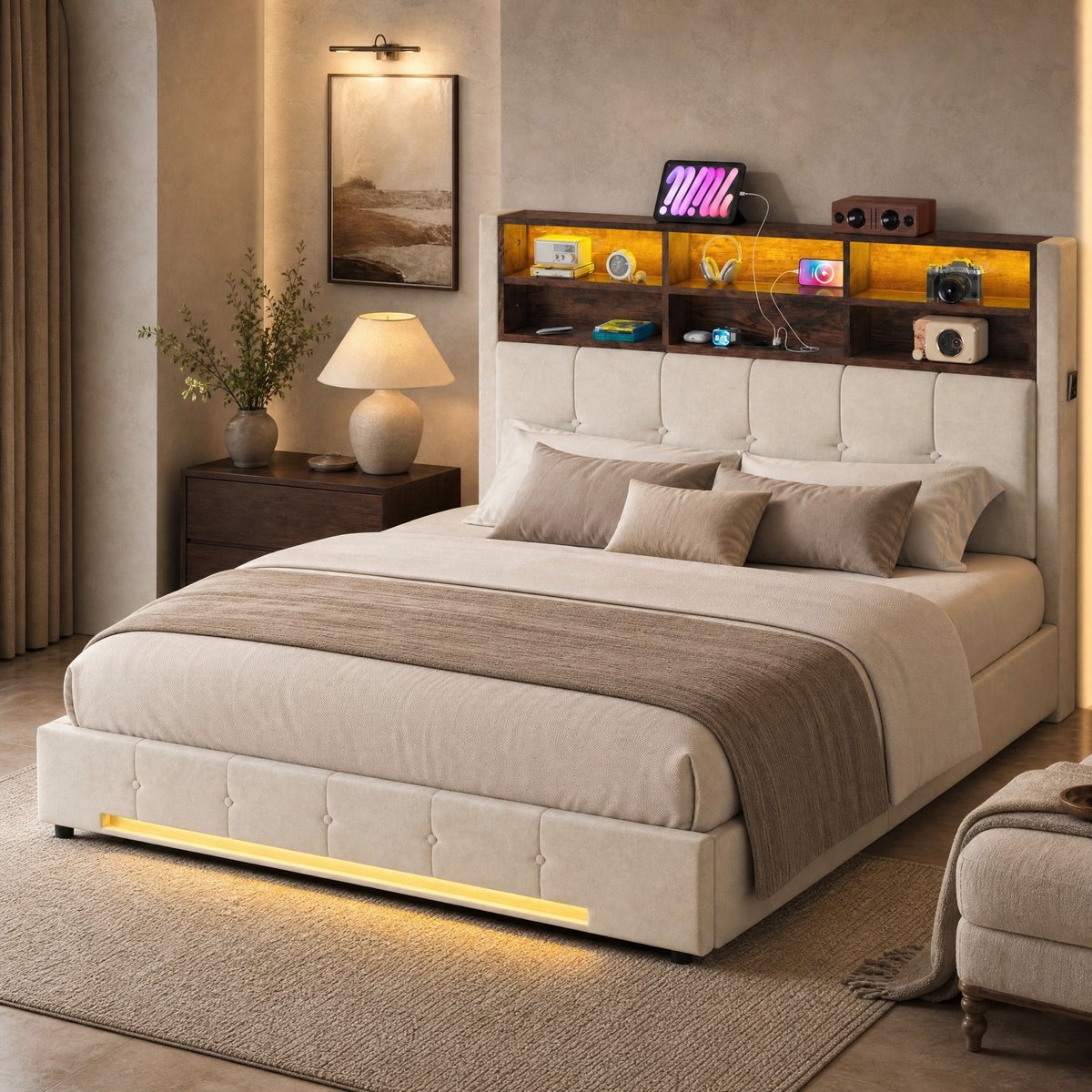 COVREO Bedframe met opbergruimte – 162,5x220x131 cm – Hoofdbord met 6 vakken – LED en USB-C – Beige - zonder matras