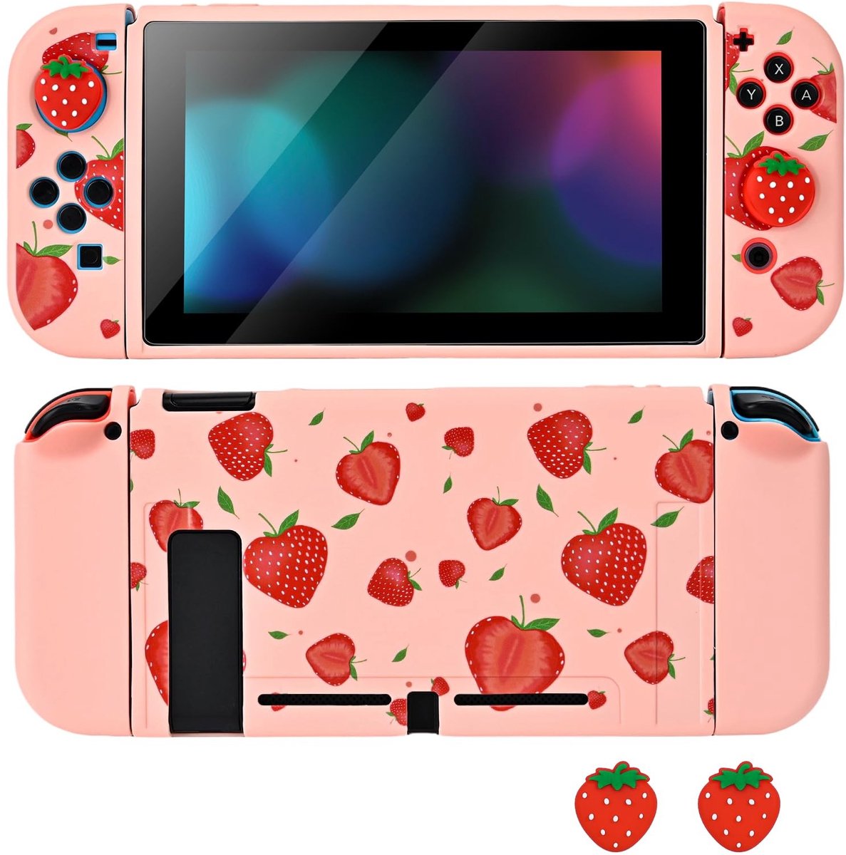 Elzusha - Beschermhoes voor Nintendo Switch - Zachte Siliconen Aardbei Design met Duimgrepen