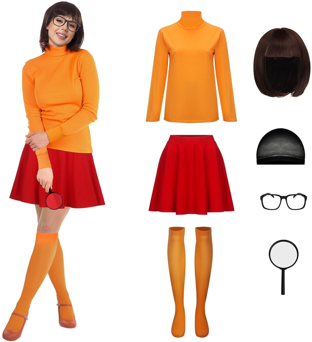 Elzusha - Halloween Kostuum - Velma Dinkley Outfit met Bruine Bob Perücke en Rood Rok