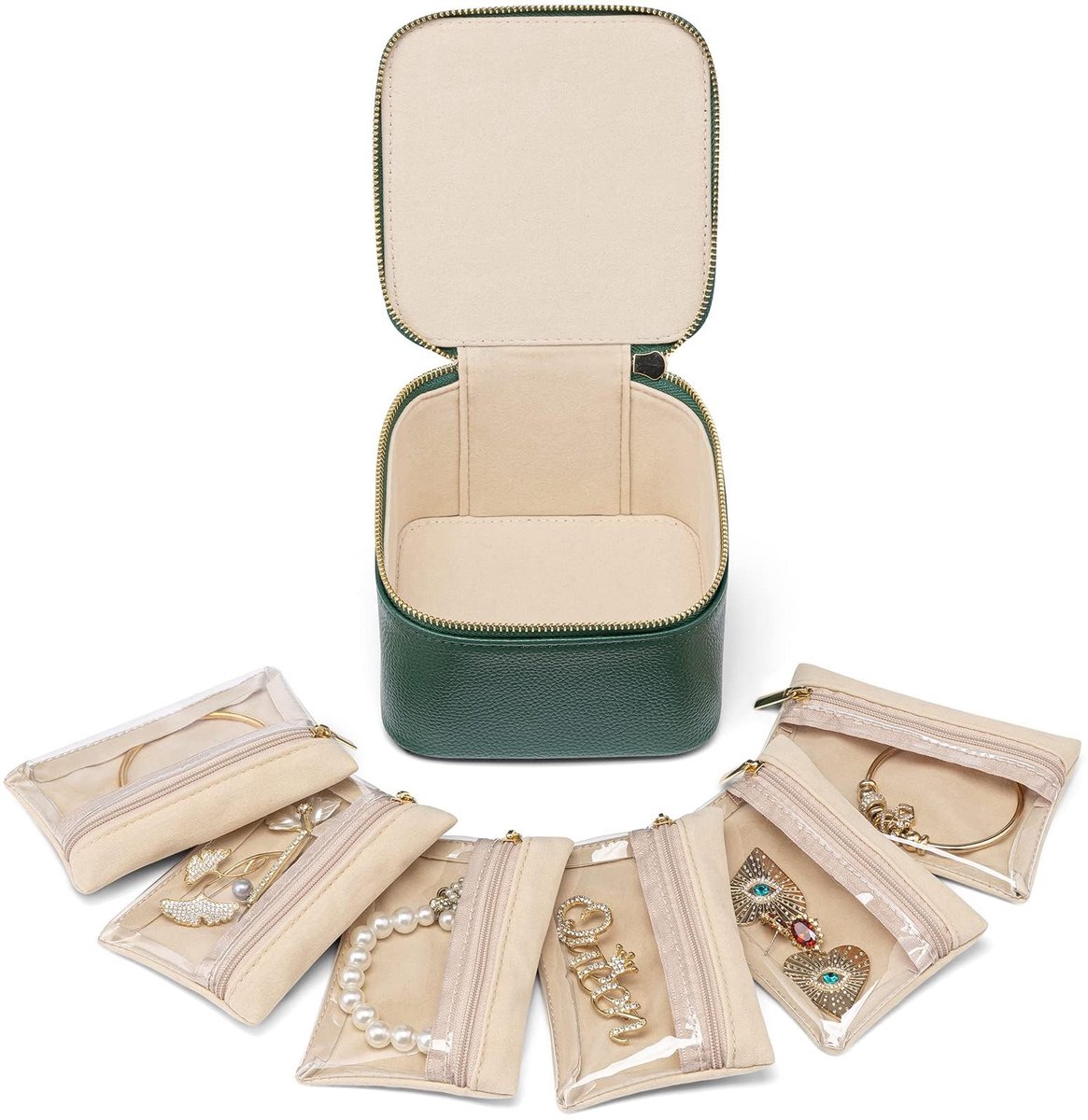 Elzusha - Reislade voor sieraden - PU leer met 6 ritszakken - Groen