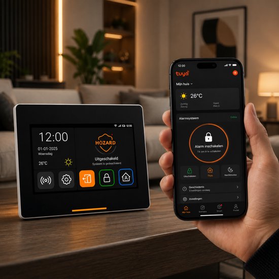 Hozard touchscreen bedieningspaneel en een smartphone met de Hozard app.
