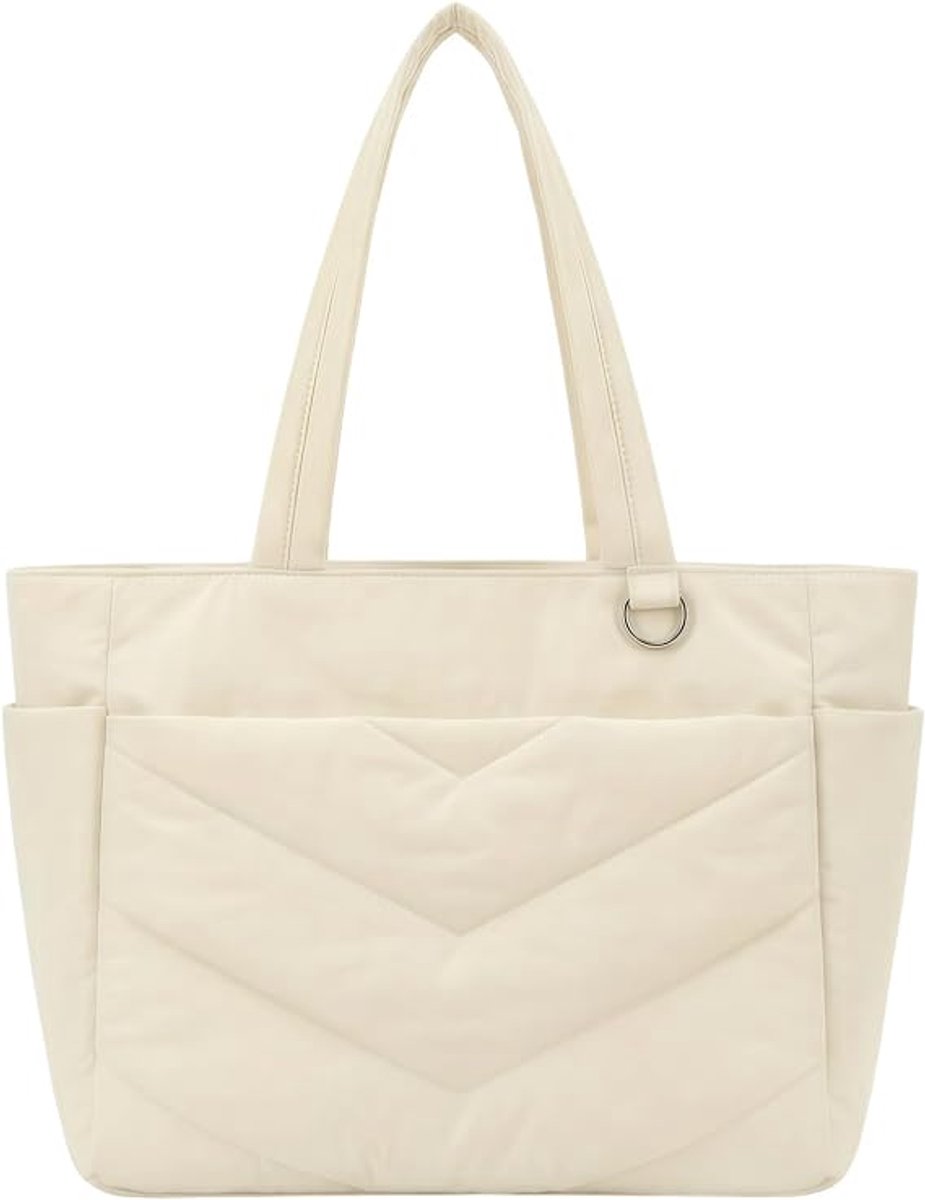 Handtas - Nylon Canvas Dames Tote met Ritssluiting - Ruime Casual Tas voor Reizen Werk en Sportschool - 1 Stuk - Wit
