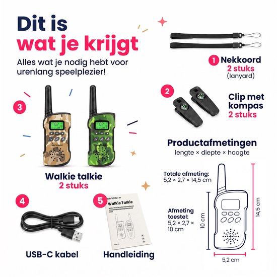 Inhoud van de set: 2 walkietalkies (camo groen/bruin), USB-C kabel, 2 nekkoorden, 2 clips met kompas, handleiding. Afmetingen getoond.