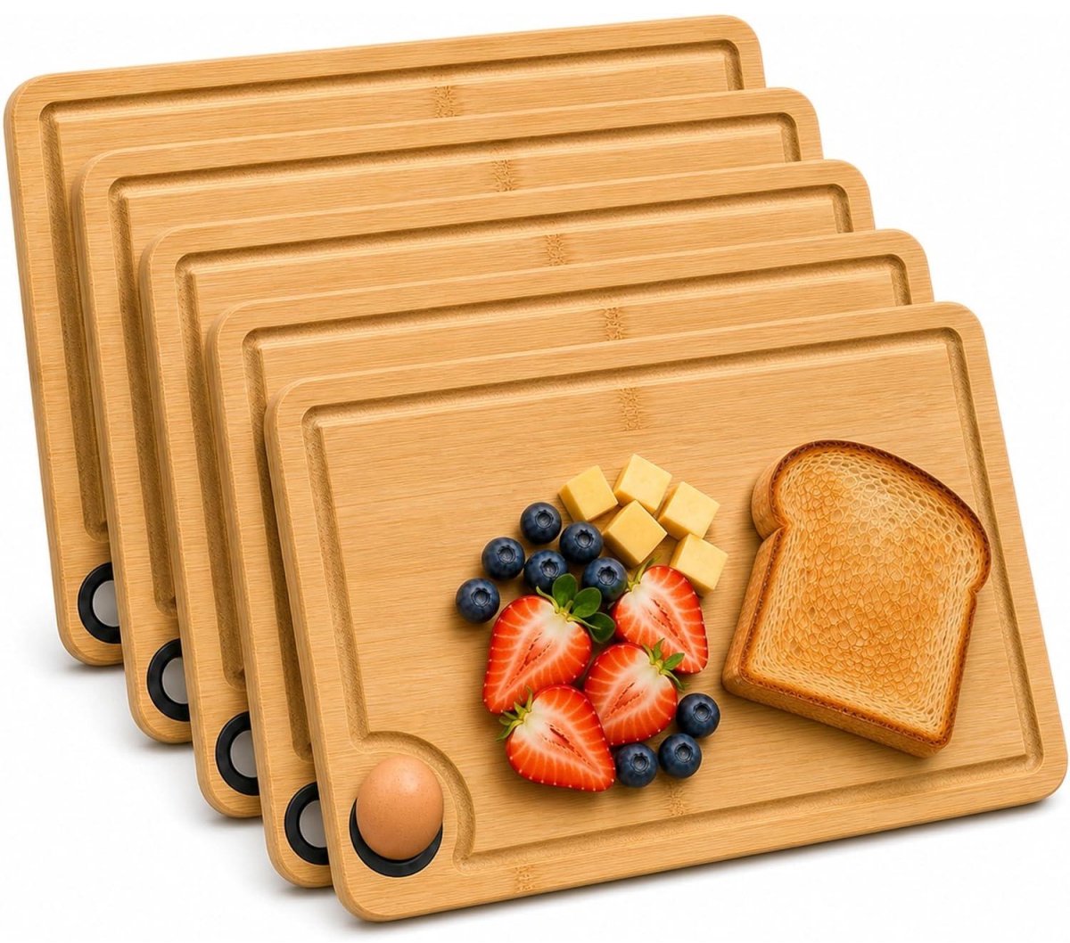 SSTRWGOOD Houten ontbijtplank - 5-delige set - Bamboe snijplank - 28x18x1 cm - Met een afwateringsgoot aan één kant - Inclusief siliconen ring - Geschikt voor brood, groenten, snacks en kaas