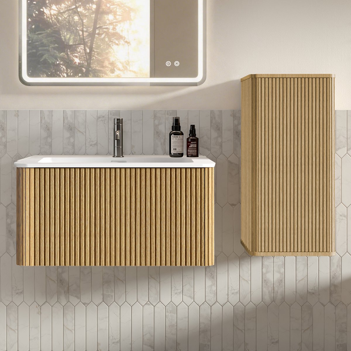 DESMIU Badmeubel Set - Wandhangend Wastafelmeubel Met Onderkast En Zijkast - Moderne Badkamer - MDF En Multiplex - Eikenkleur - 81 Cm