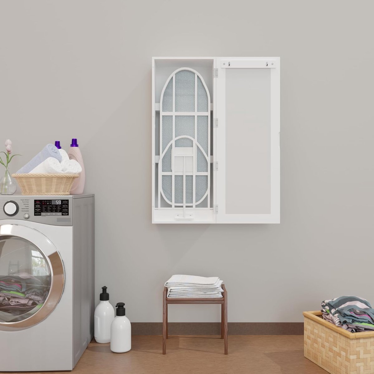 Strijkplankkast – Opvouwbaar – 95,5 x 35,5 x 21 cm – MDF – Wit – Met Spiegeldeur en Opbergvakken
