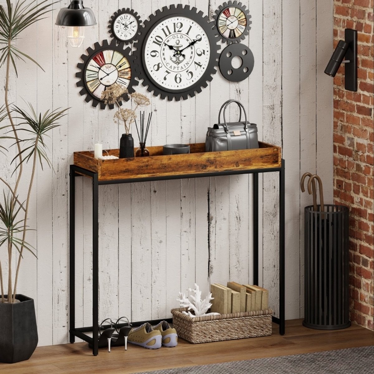 DESMIU Sidetable - Smalle Haltafel Met Beschermrand - Voor Hal En Woonruimte - Spaanplaat En Metaal - 100x30x91 Cm - Rustiekbruin