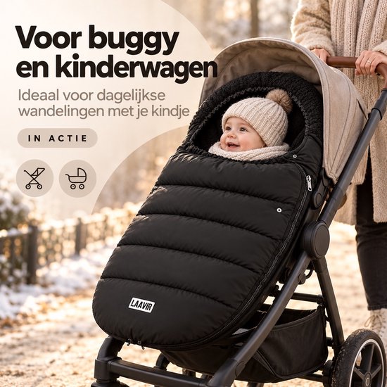 Laavir® Voetenzak Buggy Kinderwagen - Universele Voetenzak Baby - Warm en Winddicht - Zacht en Comfortabel - Geschikt voor 3 en 5 puntsgordel - Zwart van Laavir — afbeelding 2