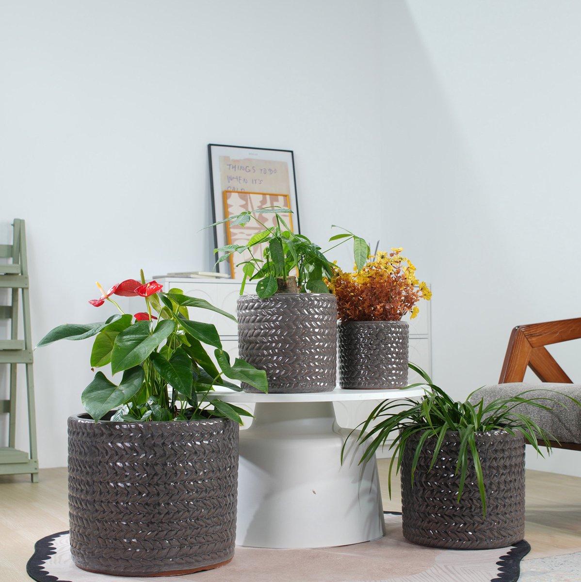 Bloempot Handgemaakt – Diameter 37,4 cm – Keramiek – Glanzend Grijs – Visgraatrelief Met Afwateringsgat