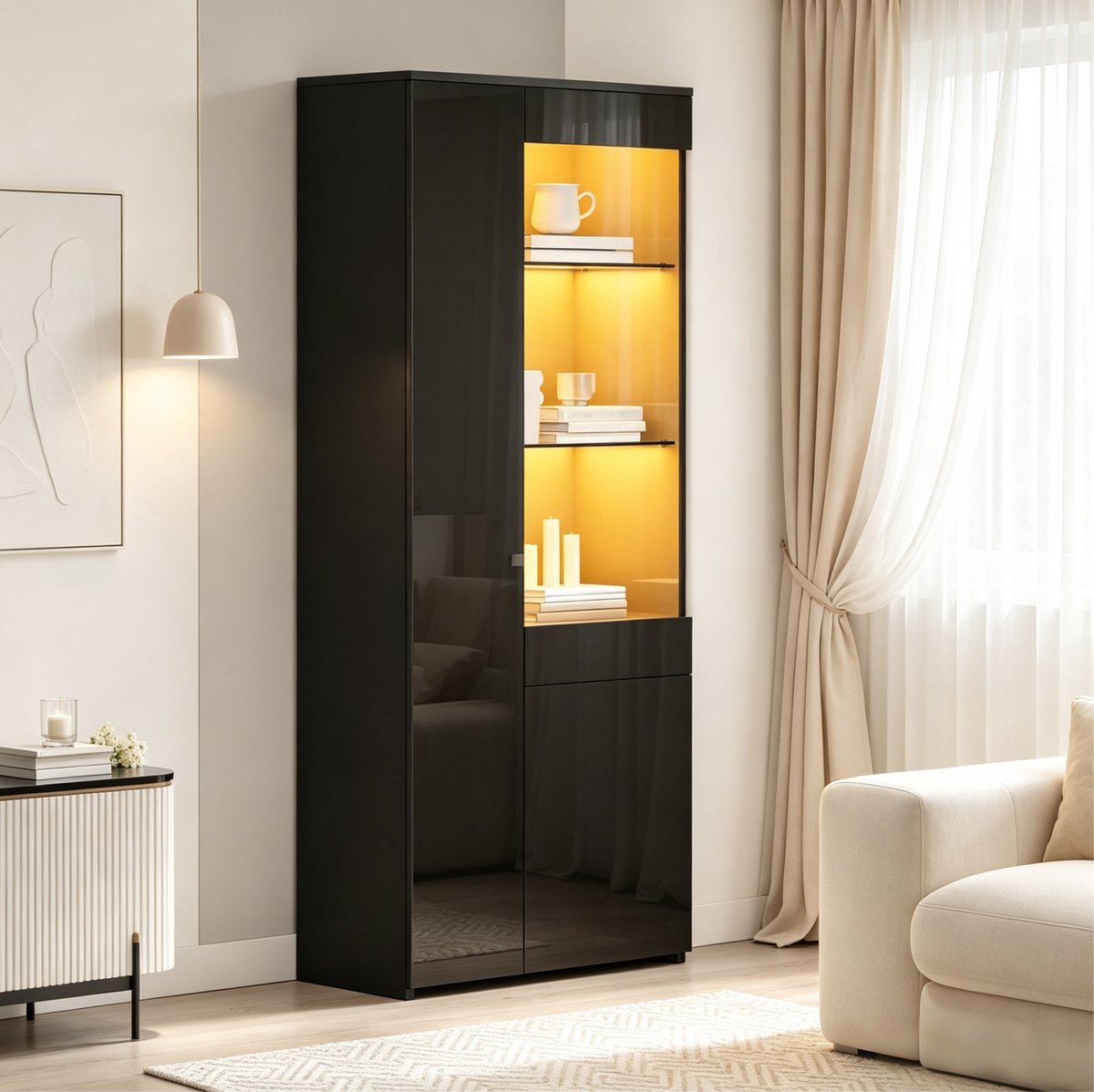 DESMIU Vitrinekast - Hoogglans Voorzijde Met Ledverlichting En Lade - Voor Woonkamer - Spaanplaat En Gehard Glas - 70x35x180 Cm - Zwart