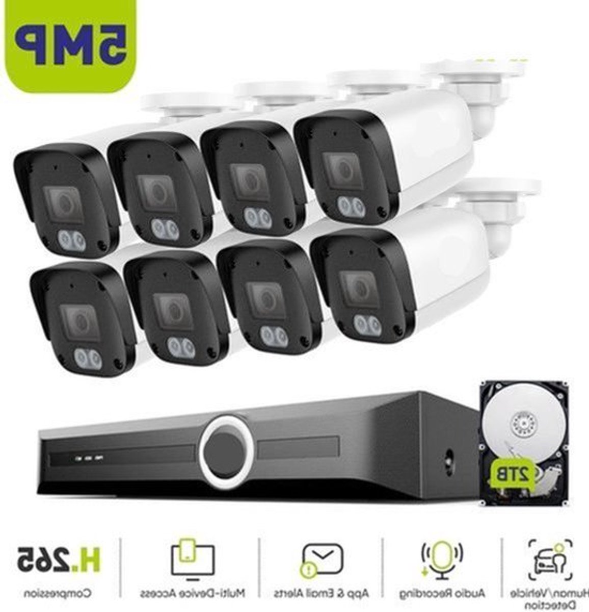 8-Kanaals Beveiligingsset – Beveiligingscamera Set – IP Camera Systeem – CCTV Camera Set – 5MP Beeldkwaliteit – Nachtvisie Tot 30 Meter – Weerbestendig IP67 - Ingebouwde HDD: 4T