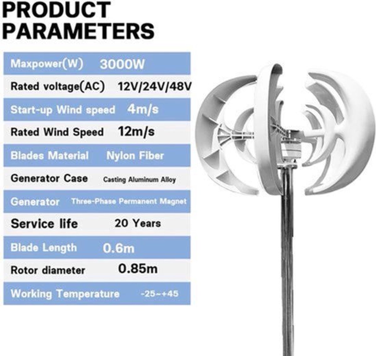 Verticale Windturbine – Windgenerator – Windenergie Systeem – Turbine Generator – 12V 3000W – Duurzaam Aluminium – Stil Met MPPT Controller